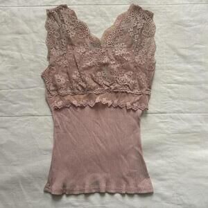 Axes Femme Pink lace tank top with rhinestones detailing Size Medium